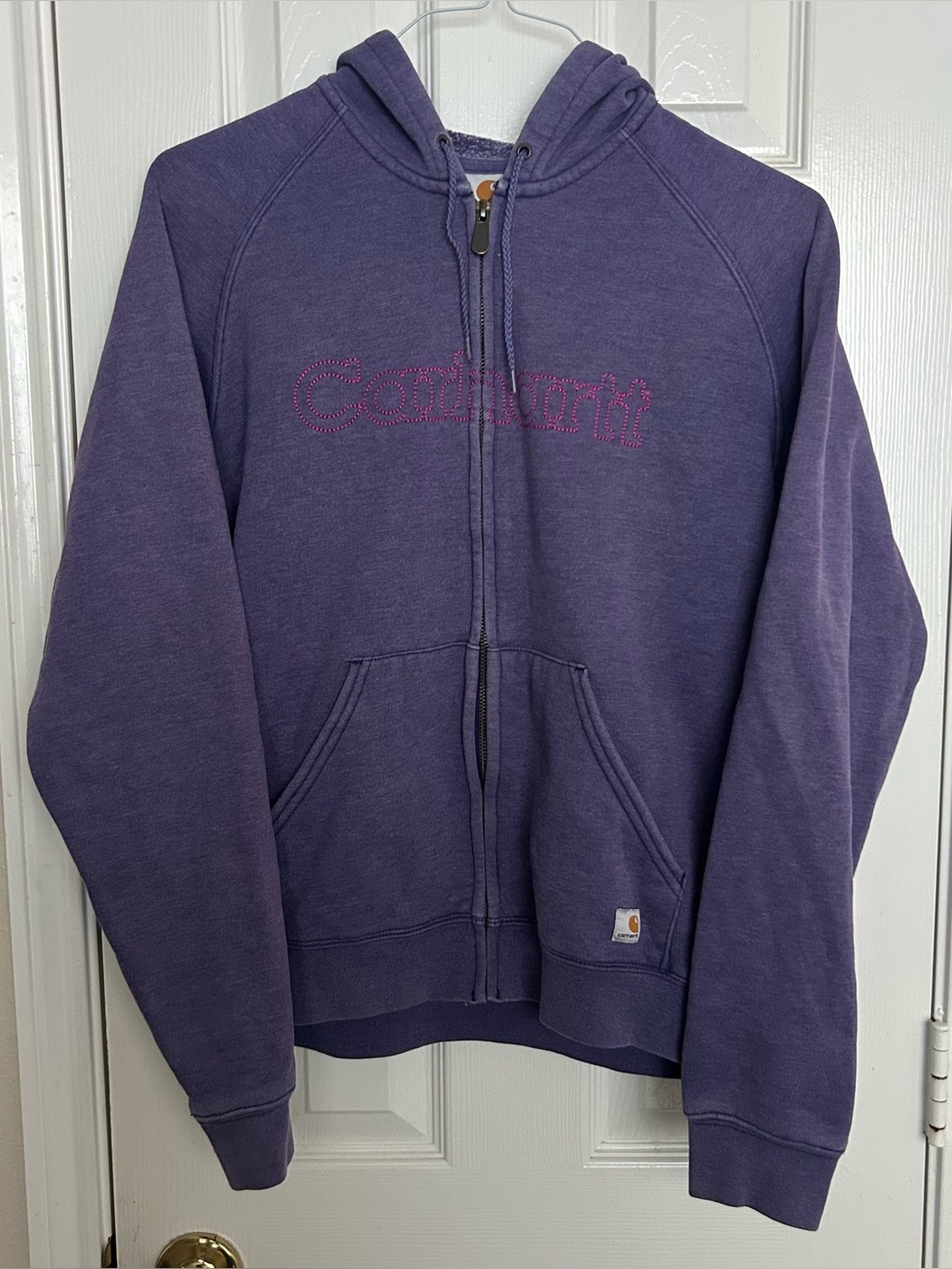 Carhartt Full Zip Hoodie Womens L Purple Logo Sweatshirt Y2K Workwear